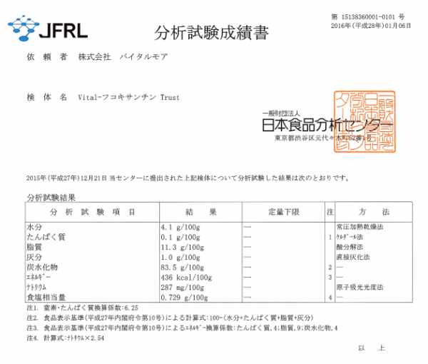 Vital-フコキサンチン Trust 分析結果(フコキサンチン)